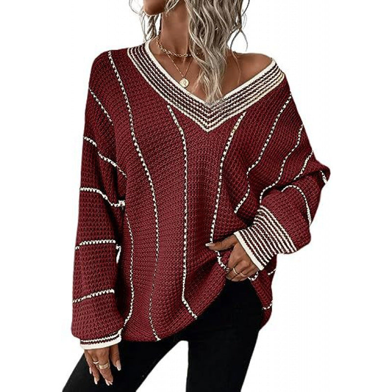 Women’s Striped V-Neck Sweater – Loose-Fit Long-Sleeve Casual Knit Pullover