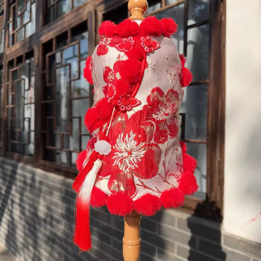 Lucky Bloom Chinese New Year Dog Shirt | Red & Gold Cheongsam-Inspired Top
