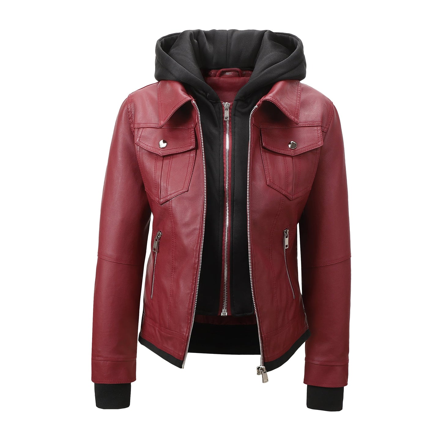 Women’s Faux Leather Biker Jacket with Detachable Hood – Slim-Fit Waist-Cinching Motorcycle Coat