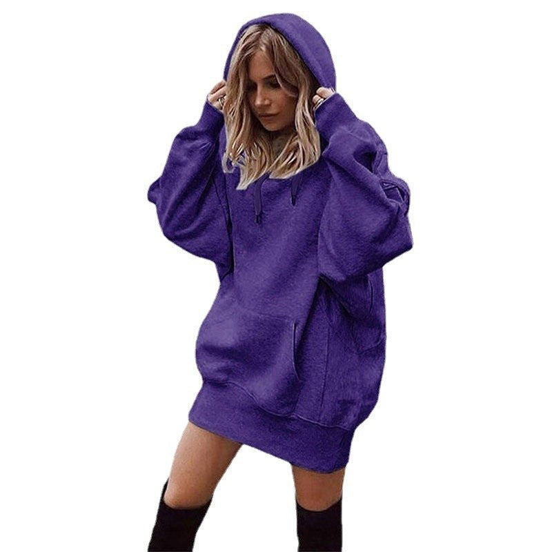 Women’s Solid Color Fleece Hoodie – Loose-Fit Pullover Hooded Sweatshirt