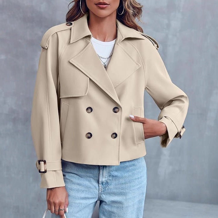 Women’s Short Double-Breasted Trench Coat – Fashionable Casual Jacket for Fall & Spring