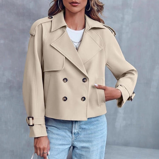 Women’s Short Double-Breasted Trench Coat – Fashionable Casual Jacket for Fall & Spring