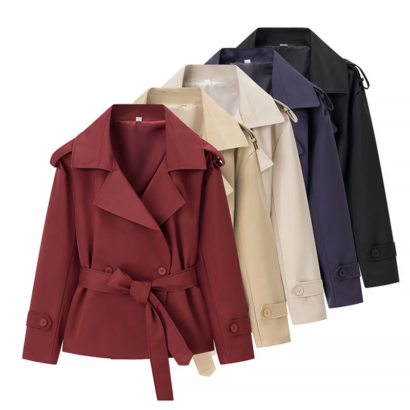 Women’s Solid Color Belted Short Trench Coat – European Style Cropped Jacket with Waist Tie
