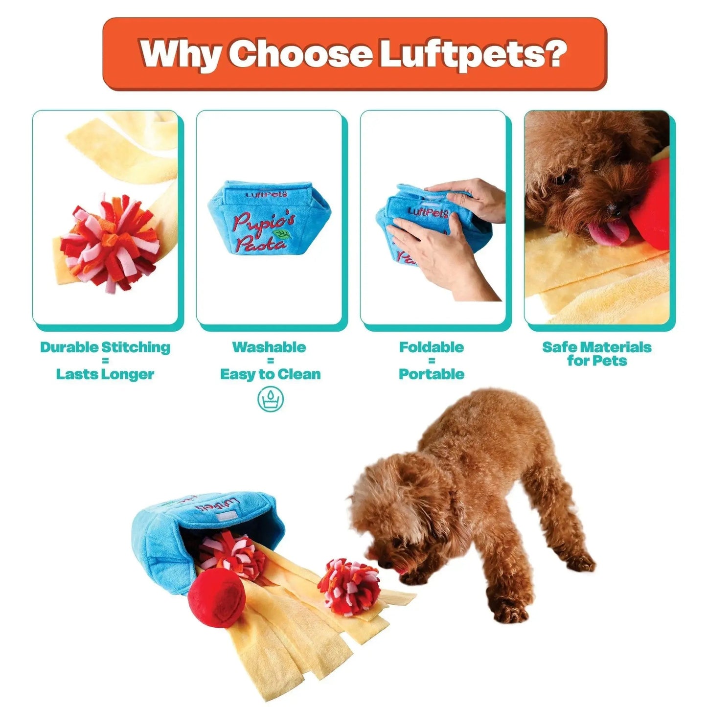 Pupio's Pasta Snuffle Toy —Crinkly & Washable Puzzle for Dogs, Cats, Rabbits, and Small Pets!