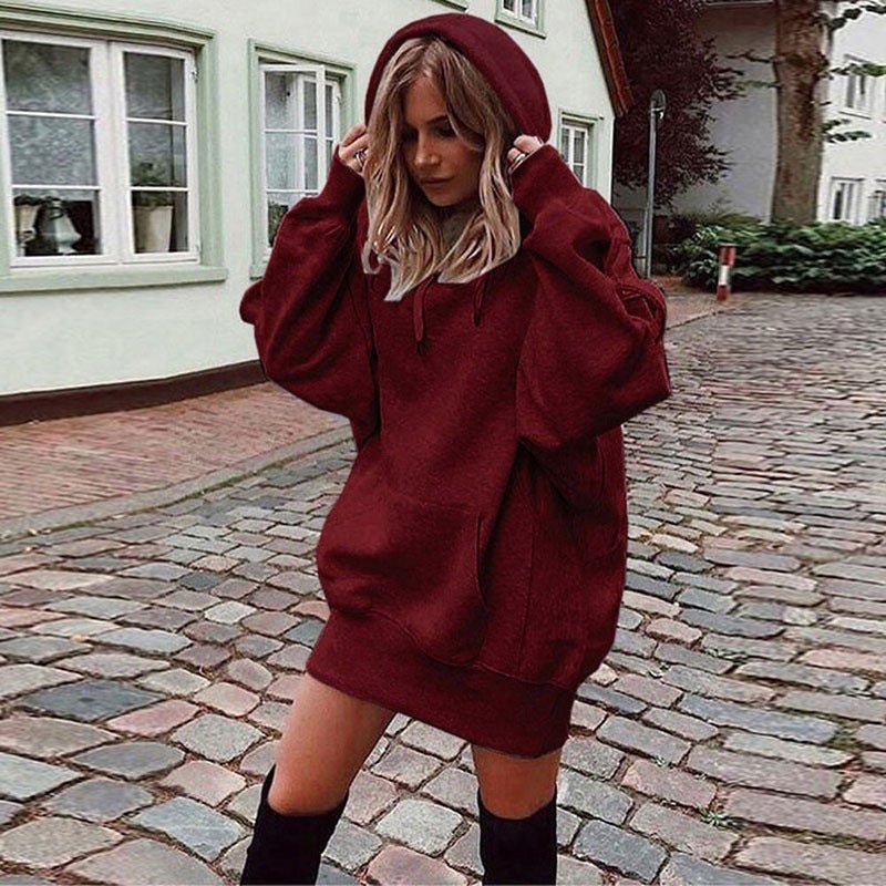 Women’s Solid Color Fleece Hoodie – Loose-Fit Pullover Hooded Sweatshirt