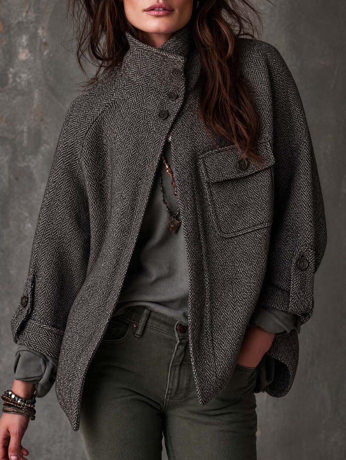 Women’s Vintage Oversized Herringbone Wool Coat – Long Relaxed-Fit Winter Outerwear Jacket
