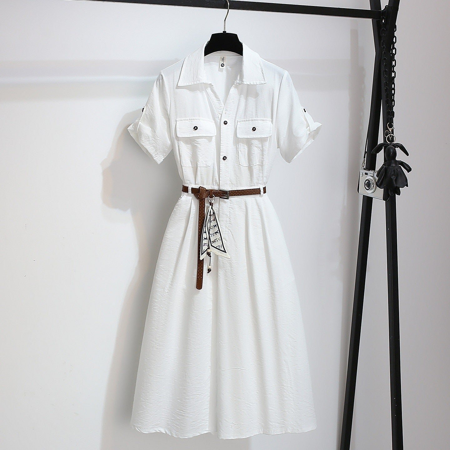 Women’s Summer Waist-Cinching A-Line Shirt Dress – Casual Button-Up Flare Dress