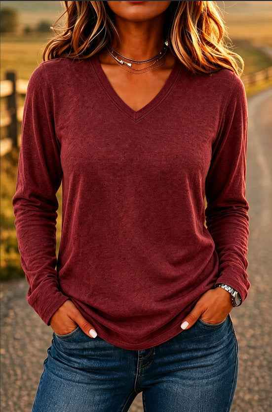 Women’s V-Neck Loose-Fit Long Sleeve T-Shirt – Solid Color Casual Pullover Top