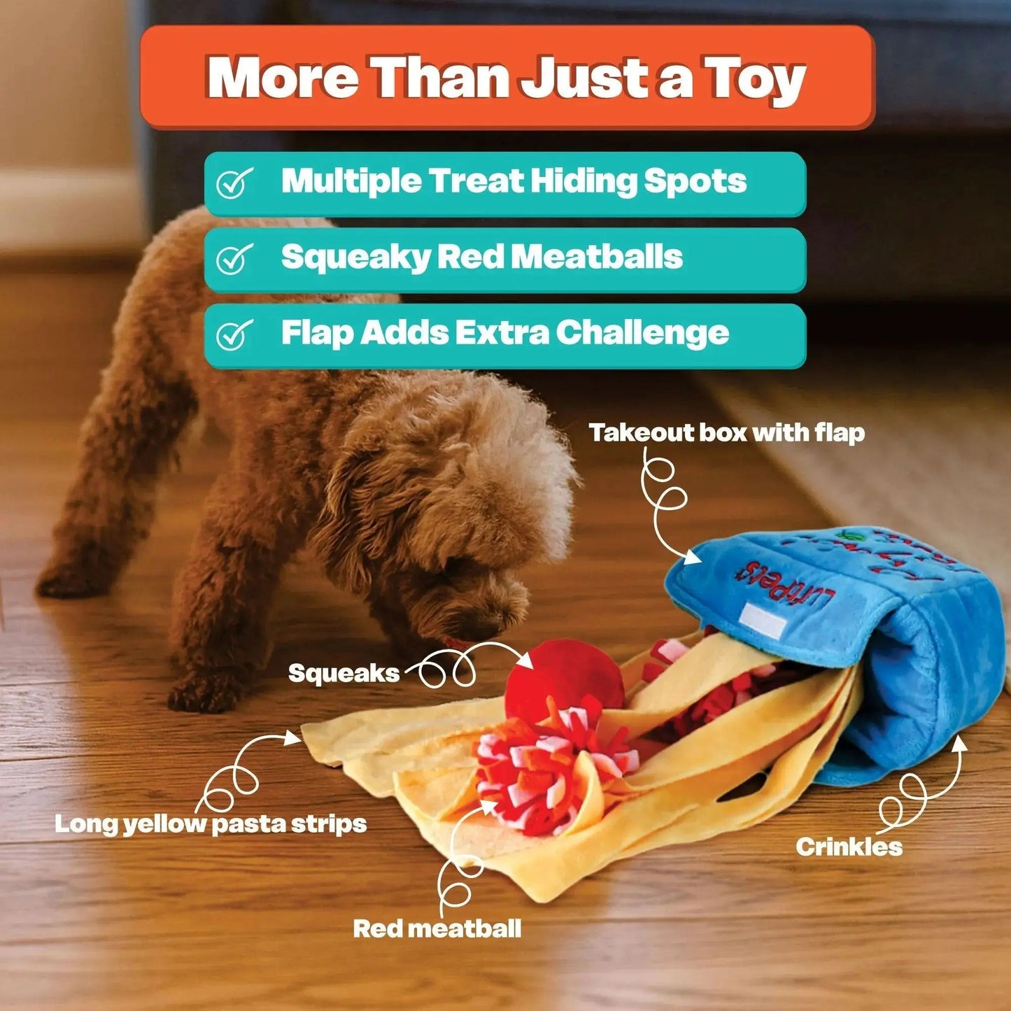 Pupio's Pasta Snuffle Toy —Crinkly & Washable Puzzle for Dogs, Cats, Rabbits, and Small Pets!