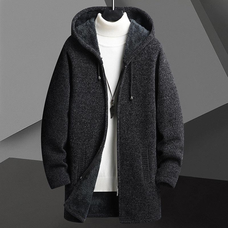 Men’s Fleece-Lined Hooded Cardigan Sweater – Mid-Length Zip-Up Winter Jacket