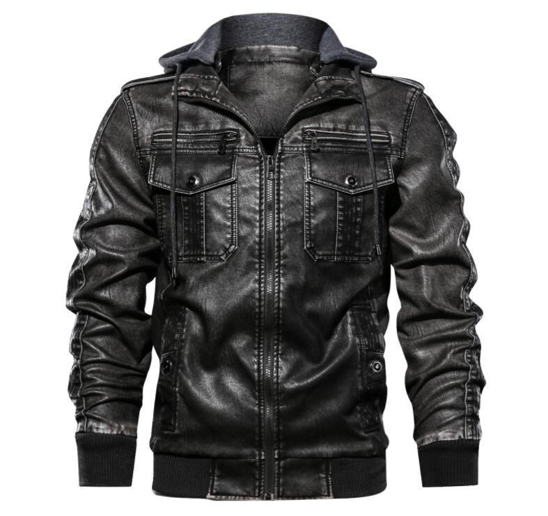 Men’s Hooded PU Leather Jacket – Zip-Up Casual Faux Leather Coat for Fall & Winter