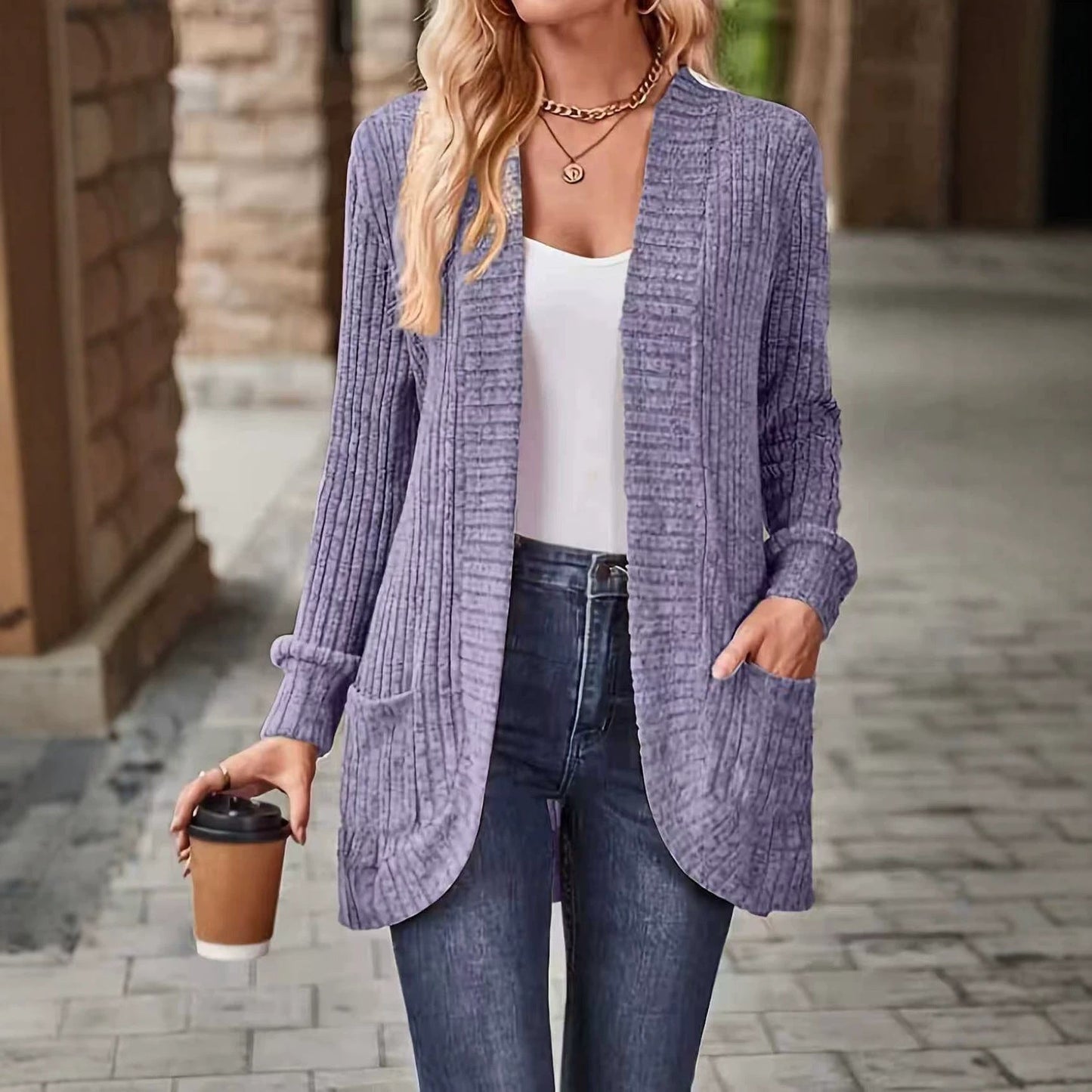 Women’s Relaxed-Fit Mid-Length Winter Coat with Pockets – Casual Autumn Outerwear Jacket