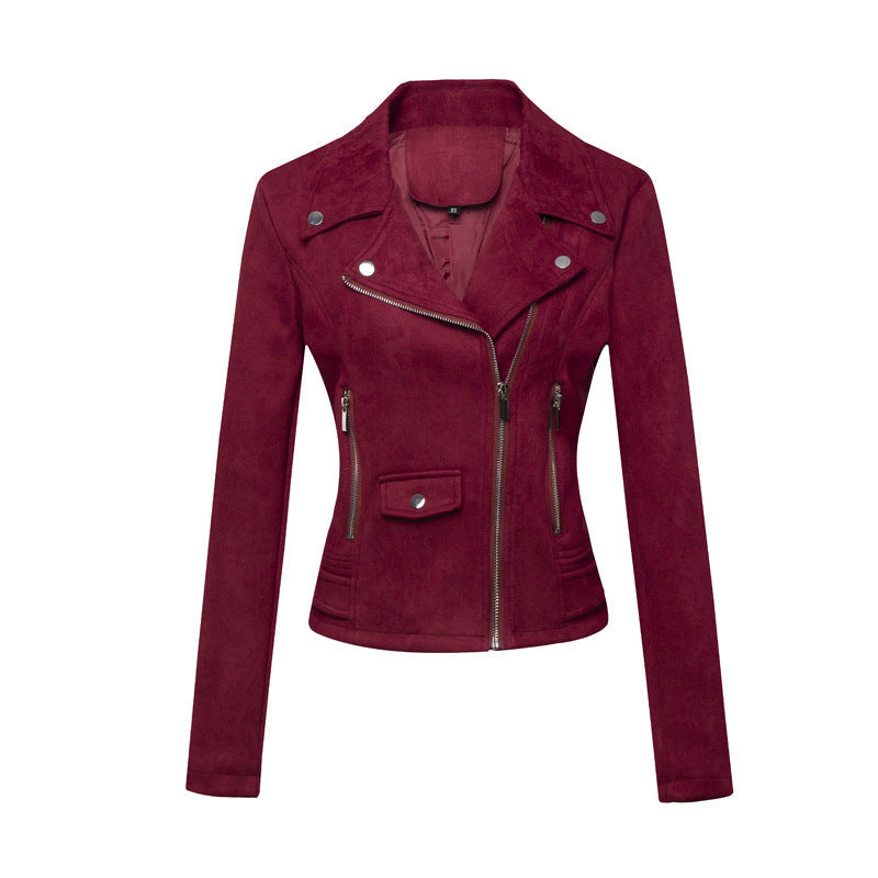 Women’s Slim-Fit Suede Leather Jacket – Short Commuter Motorcycle-Style Outerwear