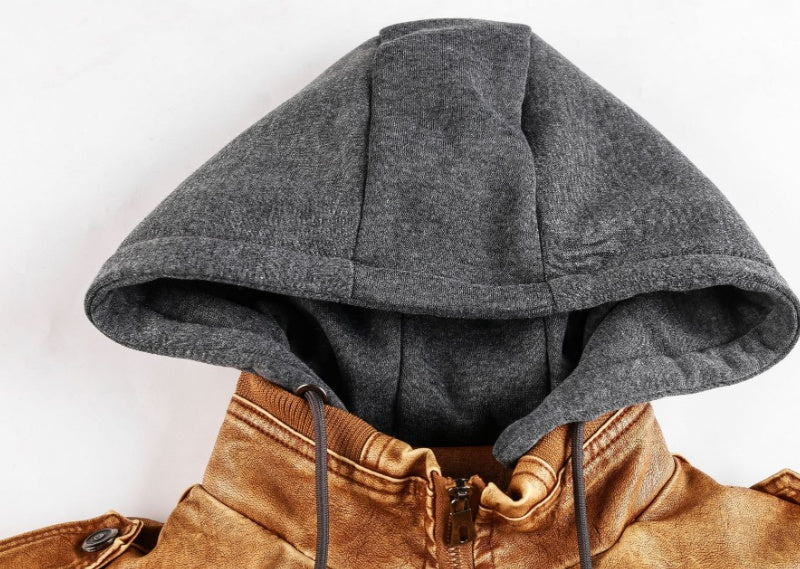 Men’s Hooded PU Leather Jacket – Zip-Up Casual Faux Leather Coat for Fall & Winter
