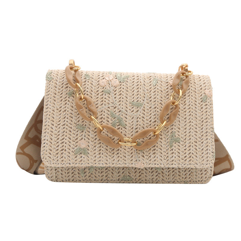 Women's Straw Small Square Crossbody Bag with Acrylic Chain
