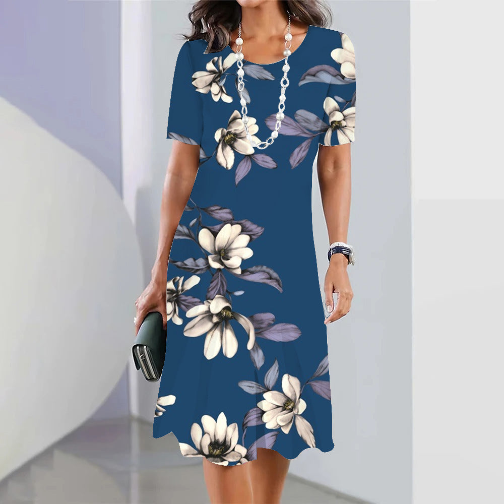 Women’s 3D Floral Print Party Dress – Blue Round-Neck Sleeveless Elegant Dress
