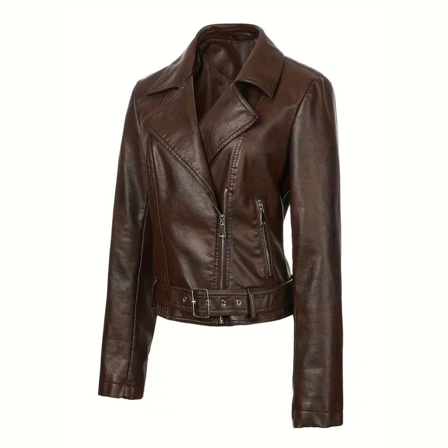 Women’s Short Leather Biker Jacket – Lapel Collar Motorcycle-Style Slim-Fit Coat