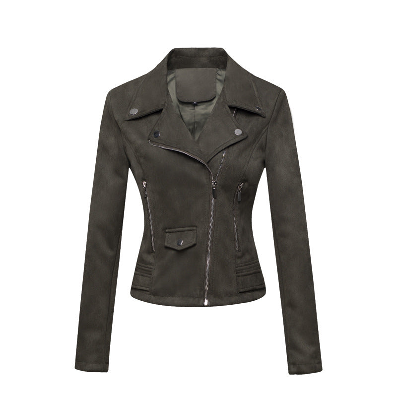 Women’s Slim-Fit Suede Leather Jacket – Short Commuter Motorcycle-Style Outerwear