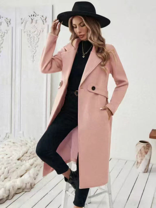 Women’s Double-Breasted Wool Coat – Solid Color Lapel Collar Winter Jacket