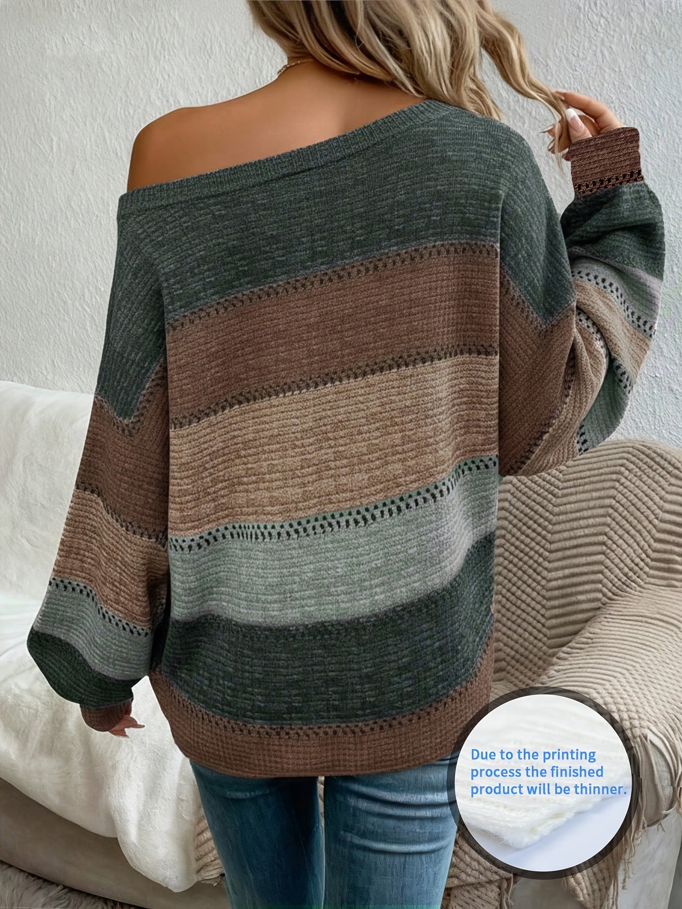 Women’s Striped Off-Shoulder Boat-Neck Sweater – Long-Sleeve Casual Knit Top