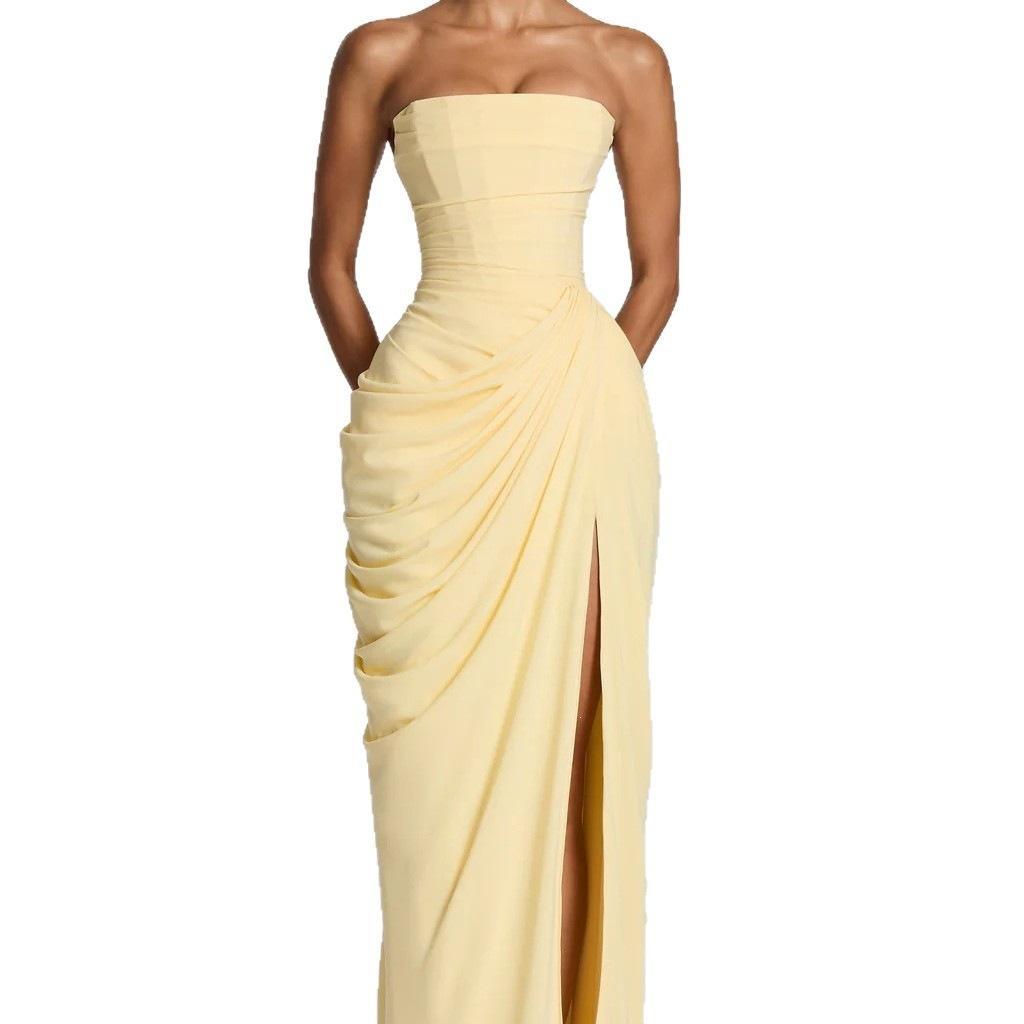 Women’s Strapless Pleated Slit Evening Dress – French Style Elegant Summer Wedding & Party Gown