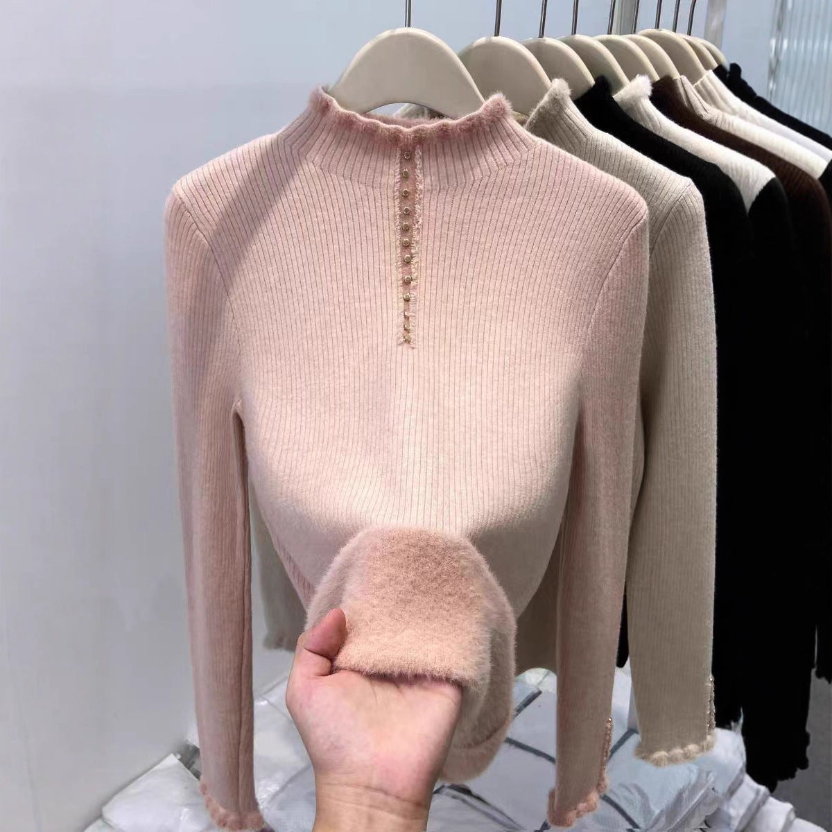 Women’s Fleece-Lined Mock Neck Thermal Top – Oversized One-Piece Pullover for Fall & Winter