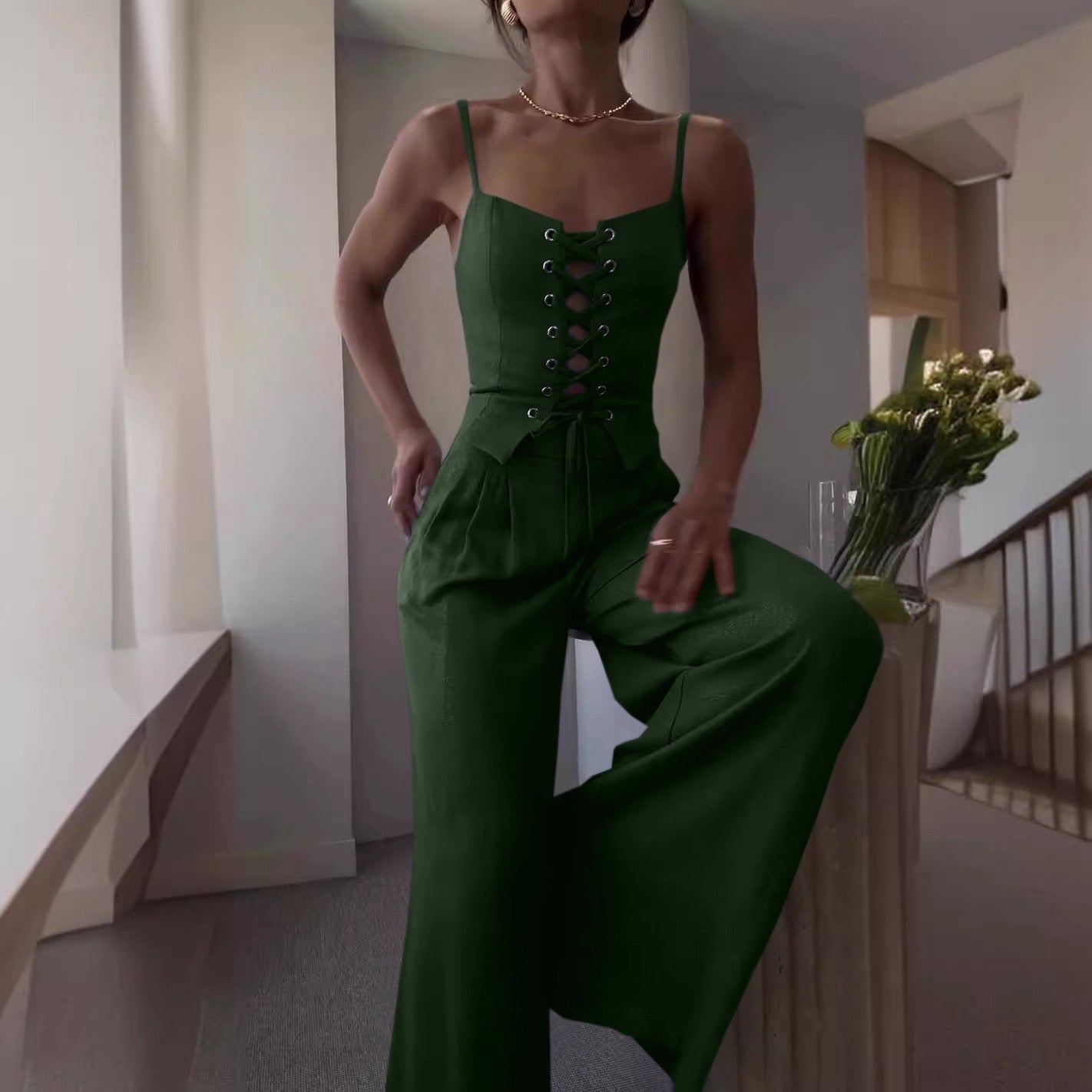 Women’s Sexy Hollow-Out Strap Top & Wide-Leg Pants Set – Casual Summer 2-Piece Outfit