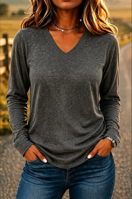 Women’s V-Neck Loose-Fit Long Sleeve T-Shirt – Solid Color Casual Pullover Top