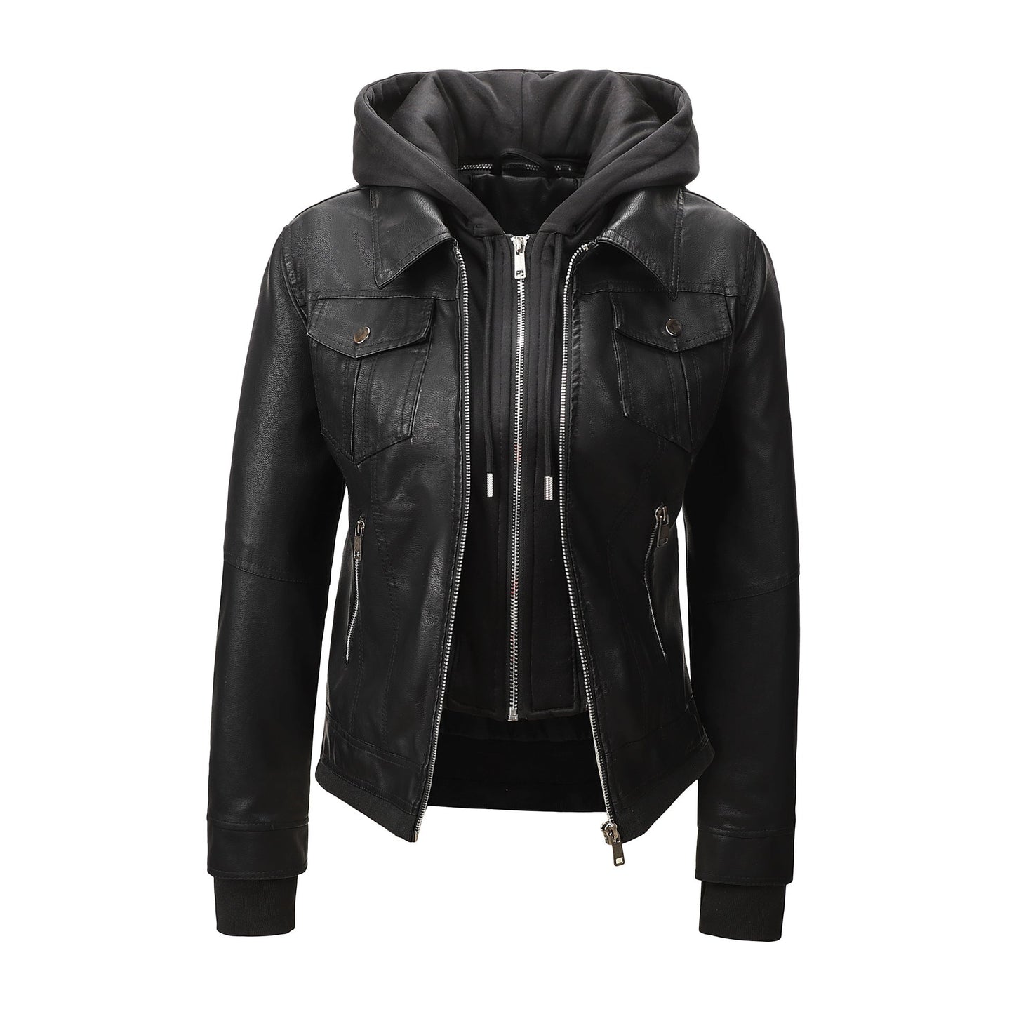 Women’s Faux Leather Biker Jacket with Detachable Hood – Slim-Fit Waist-Cinching Motorcycle Coat