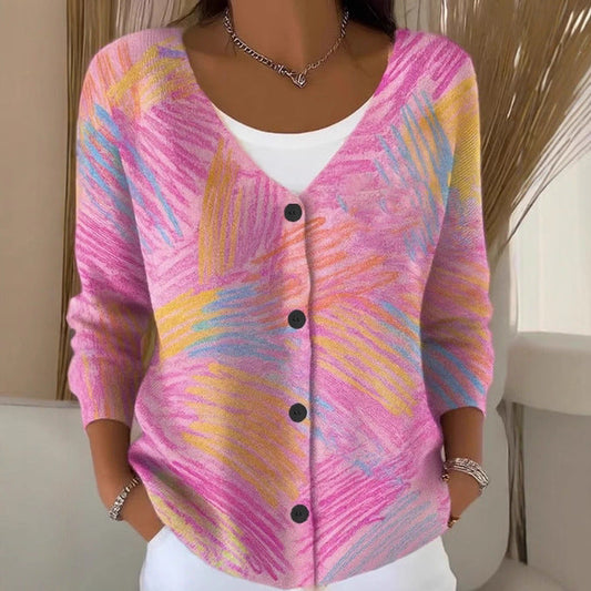 Women’s Printed Knit Cardigan Sweater with Buttons – Casual Long-Sleeve Patterned Pullover