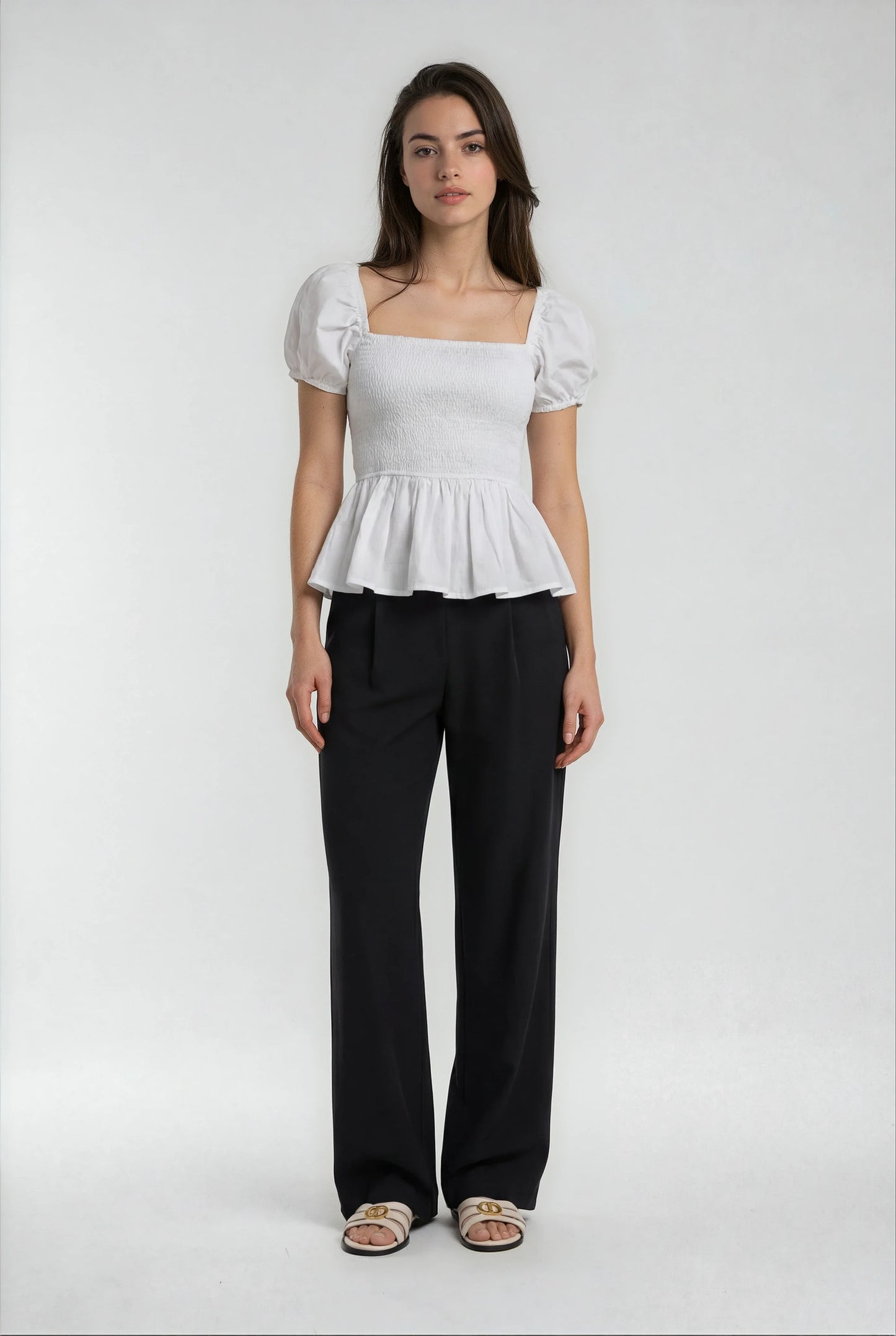 Sera – Cotton Poplin Puff Sleeve Peplum Blouse Top In White