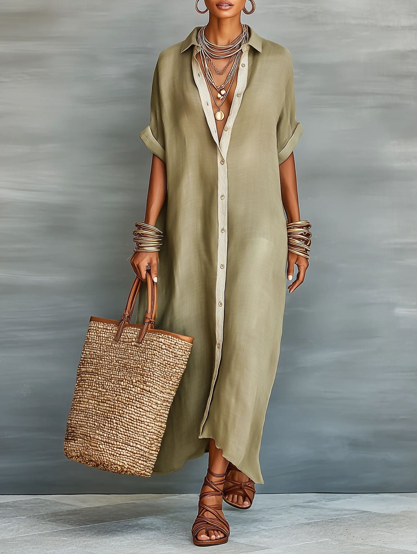 Women’s Summer Short-Sleeve Shirt Dress – Lapel Collar Button-Front Maxi Dress