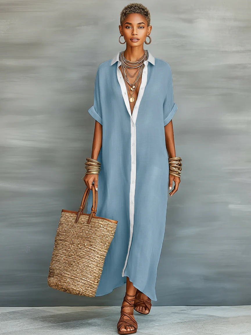 Women’s Summer Short-Sleeve Shirt Dress – Lapel Collar Button-Front Maxi Dress