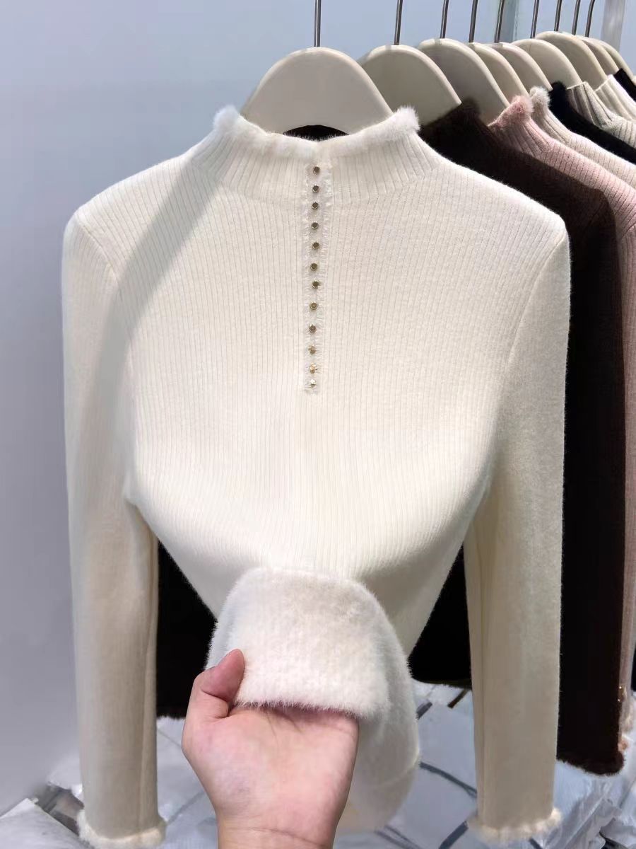 Women’s Fleece-Lined Mock Neck Thermal Top – Oversized One-Piece Pullover for Fall & Winter