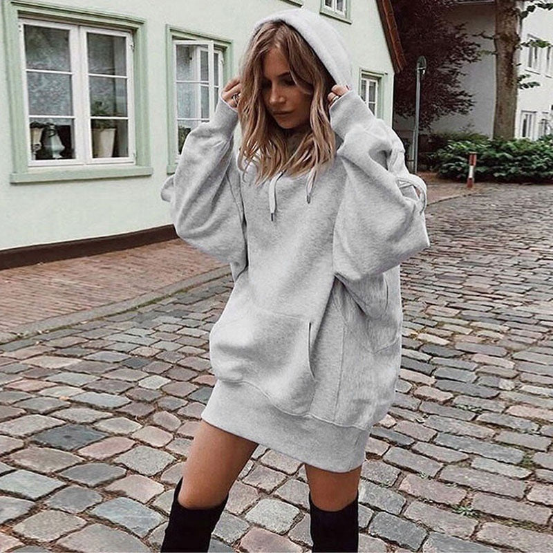 Women’s Solid Color Fleece Hoodie – Loose-Fit Pullover Hooded Sweatshirt