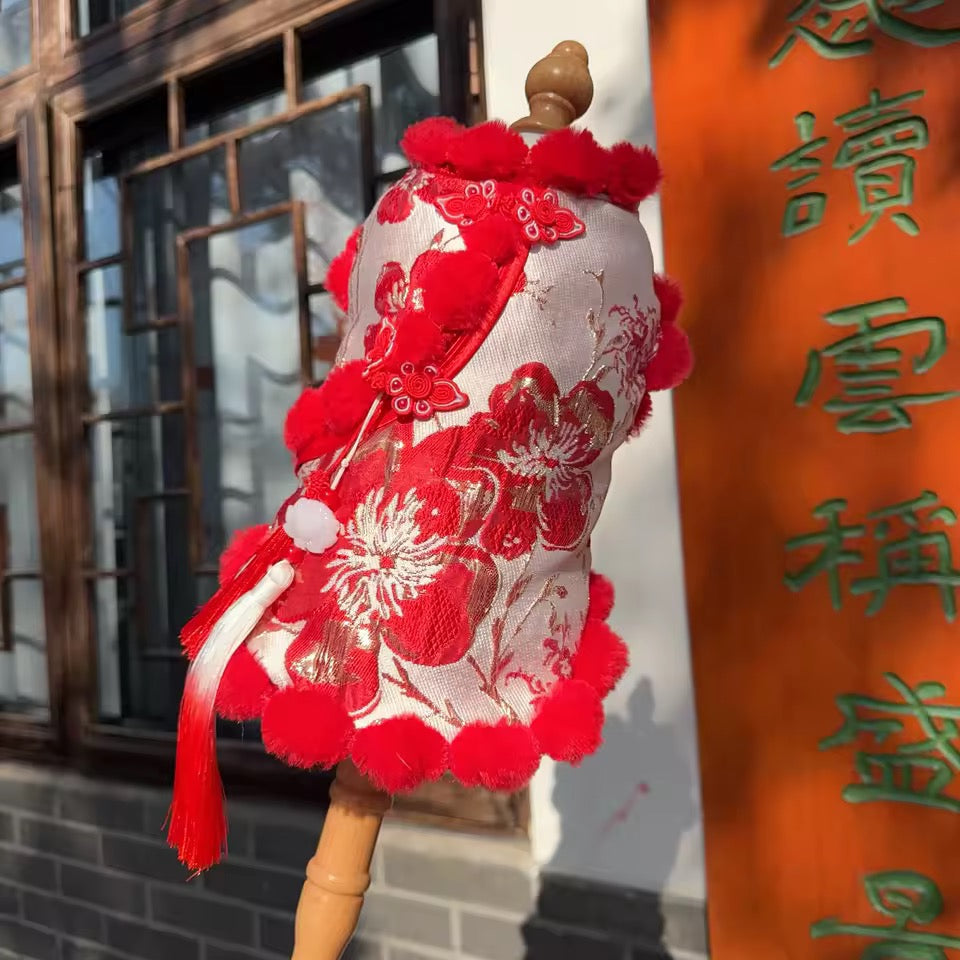 Lucky Bloom Chinese New Year Dog Shirt | Red & Gold Cheongsam-Inspired Top