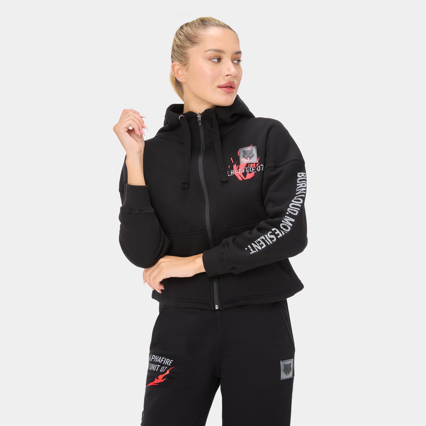 ALPHAFIRE CROP HOODIE — WAR BLACK