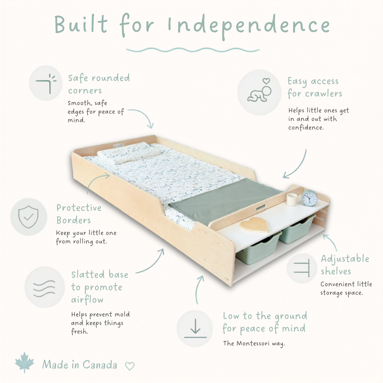 APPLE TWIN - Montessori Floor Bed with Rails & Shelves