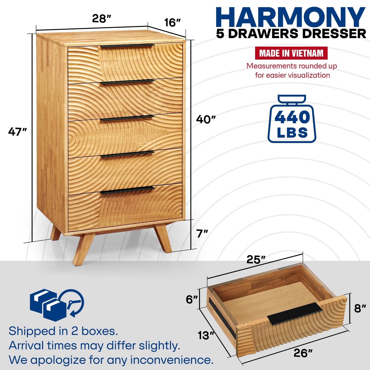 Harmony Solid Wood Dresser with 5 Drawers