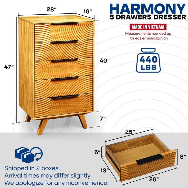 Harmony Solid Wood Dresser with 5 Drawers