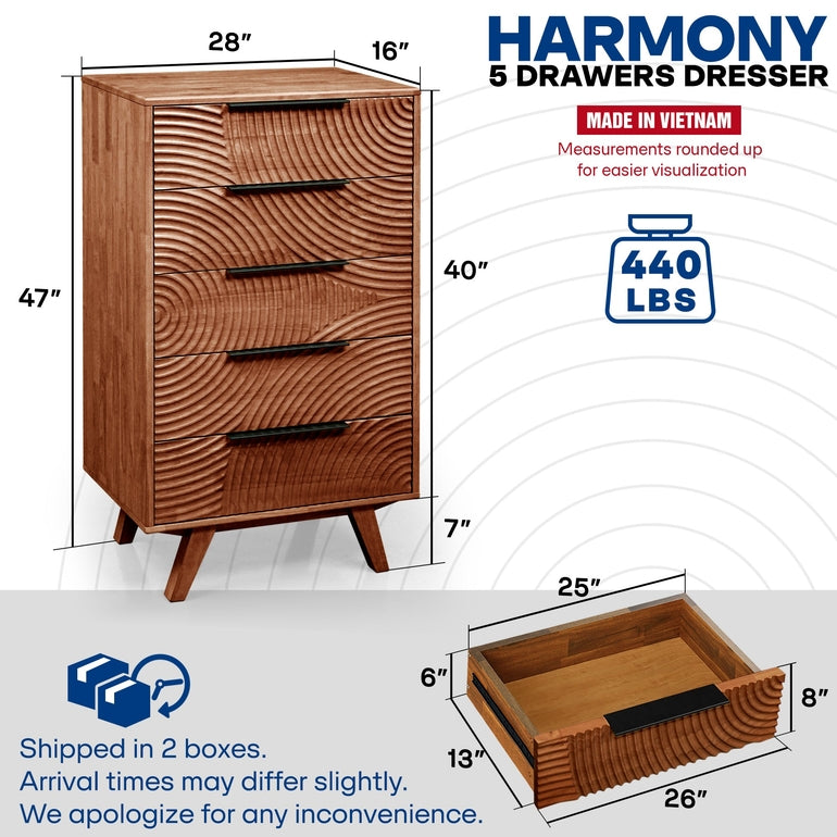Harmony Solid Wood Dresser with 5 Drawers