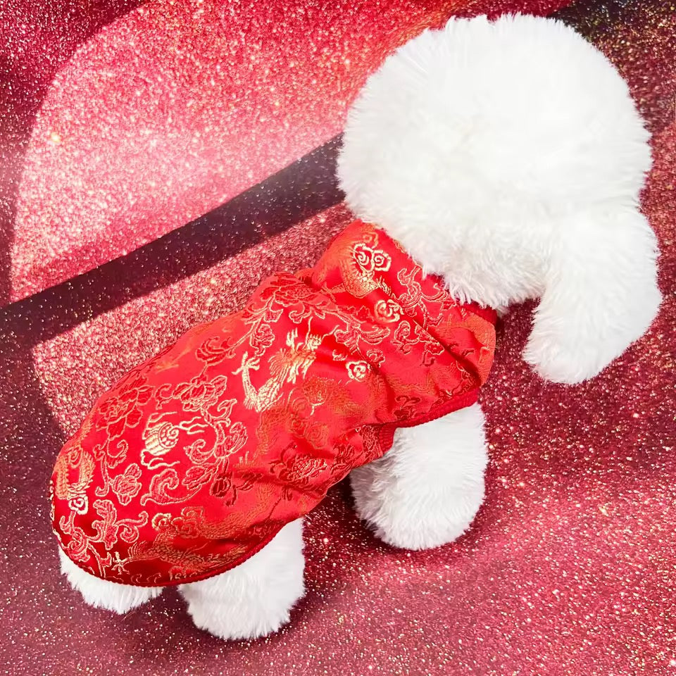 Lucky Bloom Chinese New Year Dog Shirt | Red & Gold Cheongsam-Inspired Top
