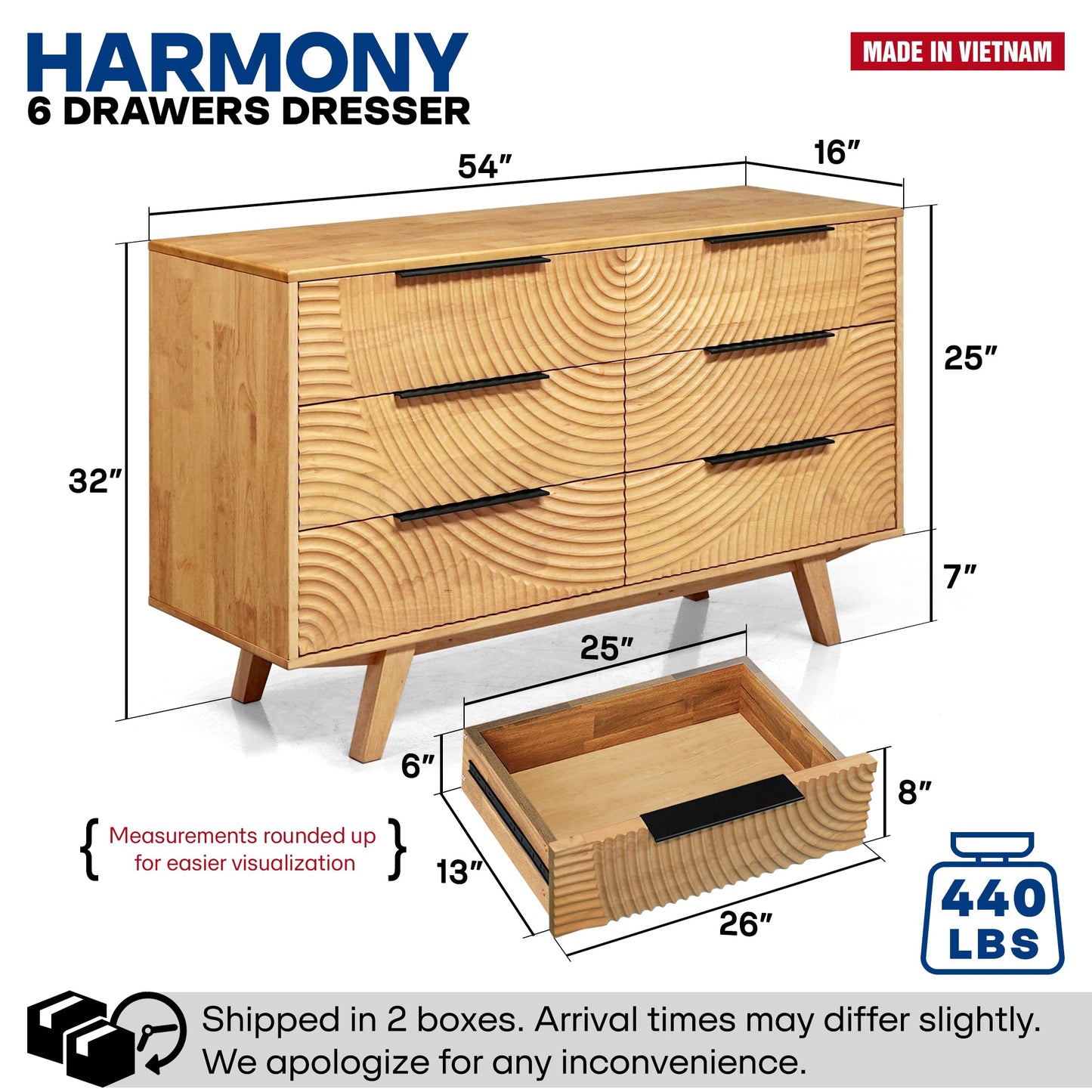 Harmony Solid Wood Dresser with 6 Drawers