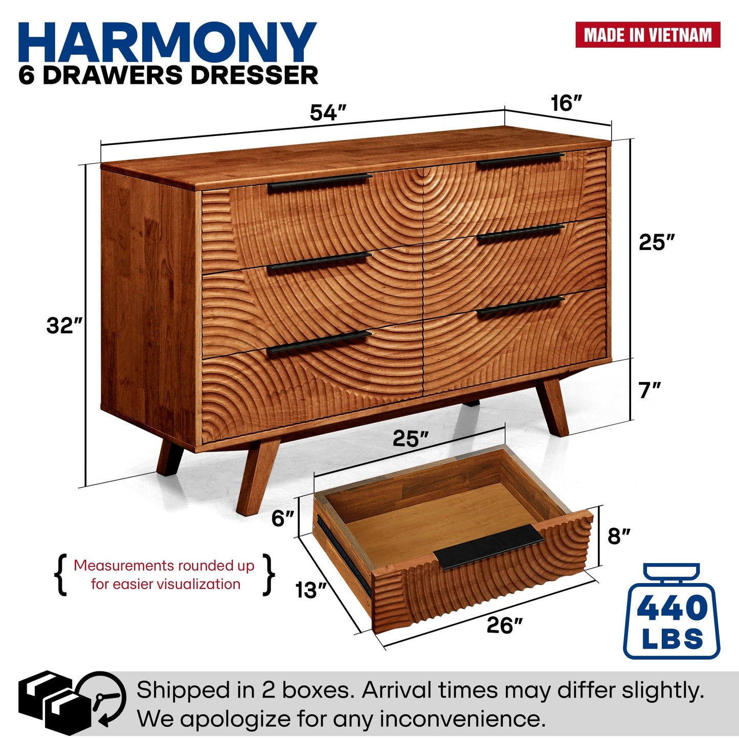 Harmony Solid Wood Dresser with 6 Drawers