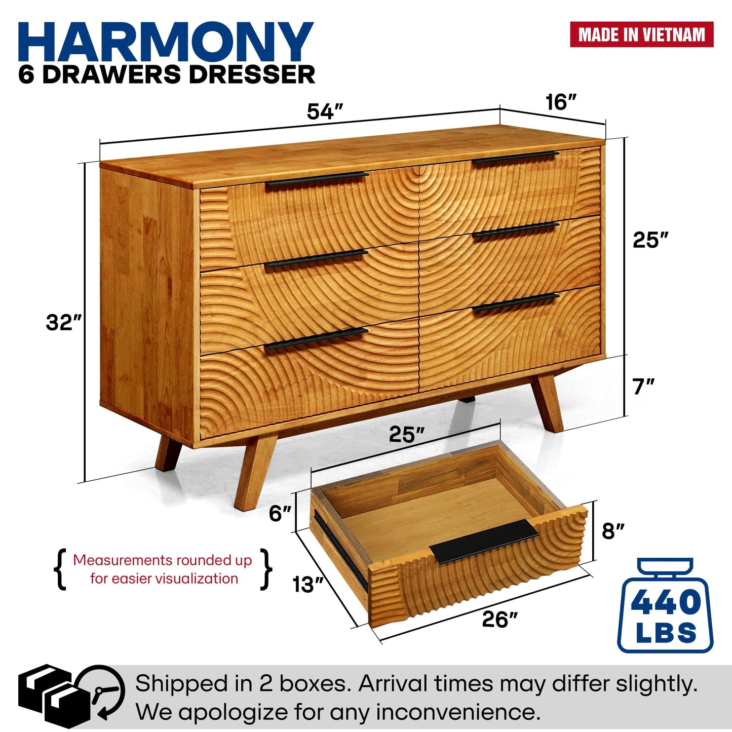 Harmony Solid Wood Dresser with 6 Drawers