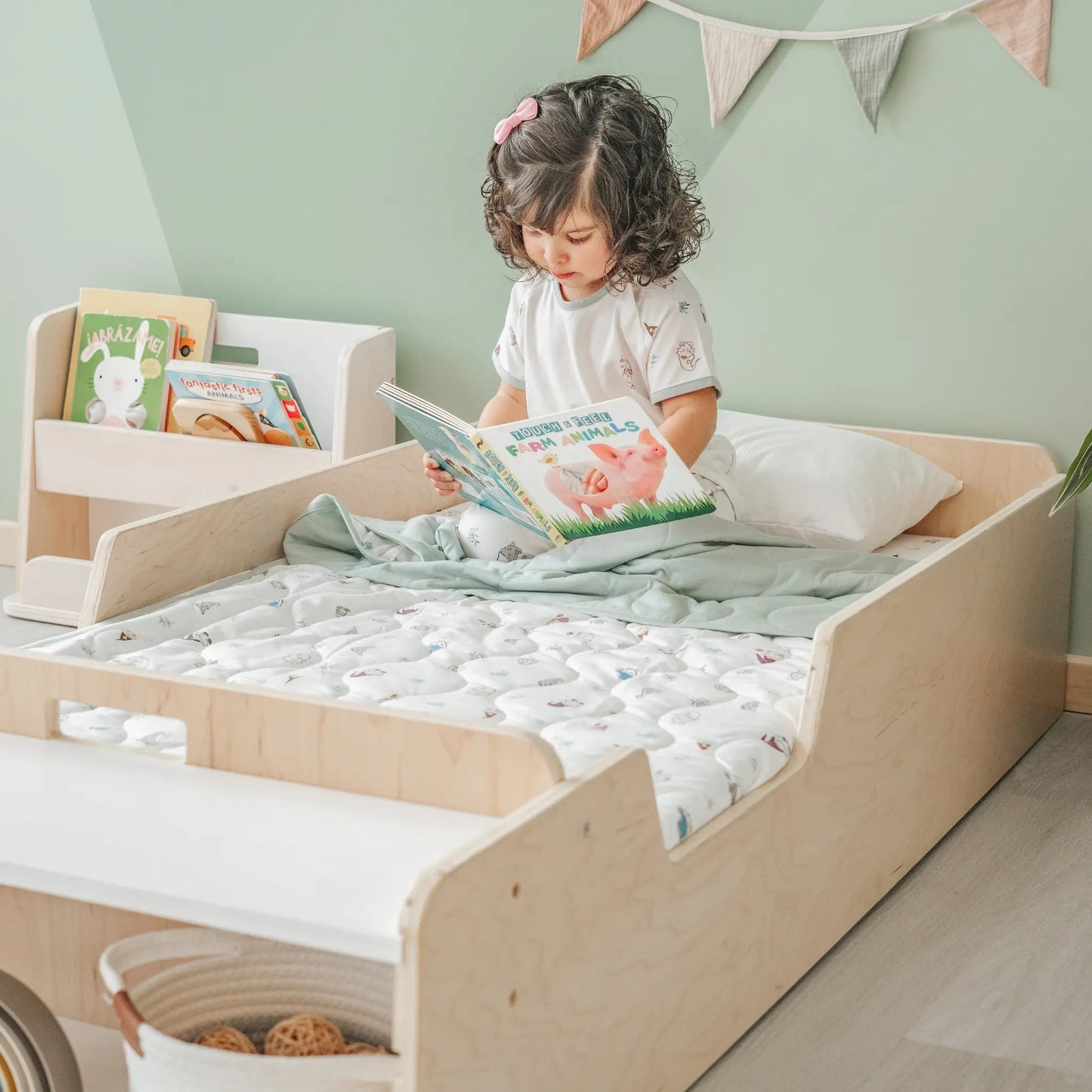 APPLE JUNIOR - Montessori Floor Bed with Rails & Shelves
