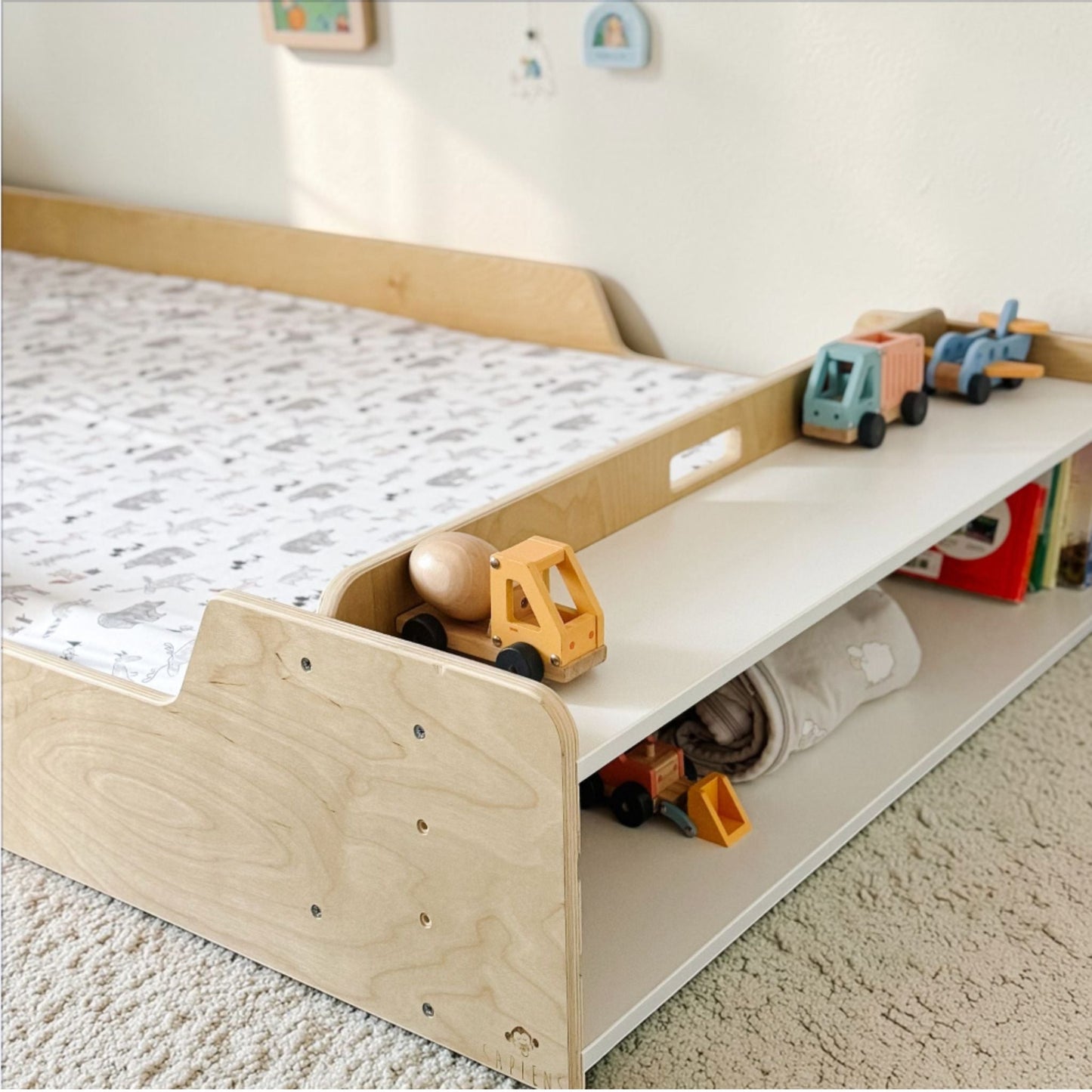 APPLE TWIN - Montessori Floor Bed with Rails & Shelves