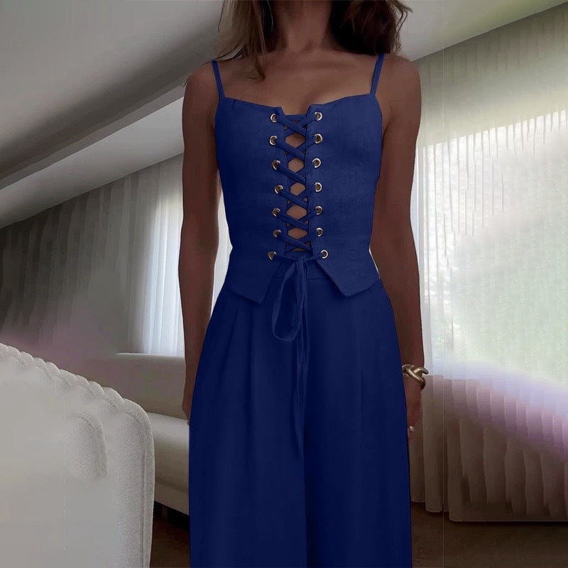 Women’s Sexy Hollow-Out Strap Top & Wide-Leg Pants Set – Casual Summer 2-Piece Outfit