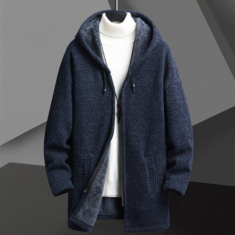 Men’s Fleece-Lined Hooded Cardigan Sweater – Mid-Length Zip-Up Winter Jacket