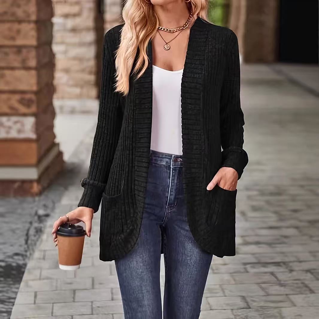 Women’s Relaxed-Fit Mid-Length Winter Coat with Pockets – Casual Autumn Outerwear Jacket